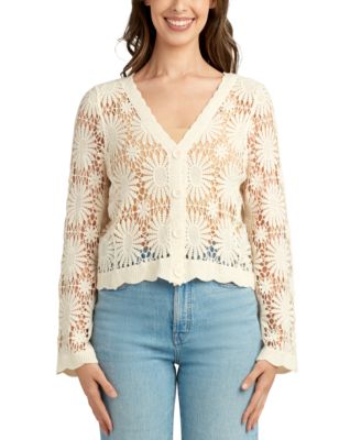BCX - Juniors' Crochet V-Neck Flare-Sleeve Cardigan