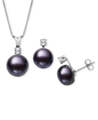 Belle de Mer - 2-Pc. Set Dyed Black Peacock Freshwater Pearl (9-10mm) & Lab-Created White Sapphire Pendant Necklace & Stud Earrings in Sterling Silver (Also in Blush Pink Cultured Freshwater Pearl)