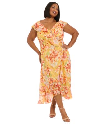 London Times - Plus Size Floral Chiffon Ruffle-Neck Maxi Dress