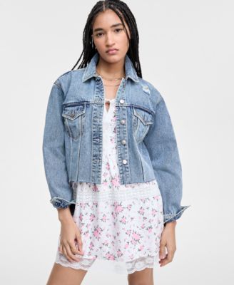 Celebrity Pink - Juniors' Distressed Button-Front Cotton Denim Jacket