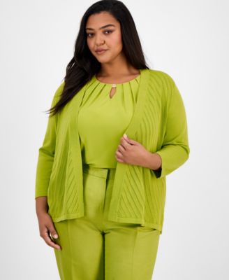 Kasper - Plus Size Diagonal Stitch Open-Front Cardigan