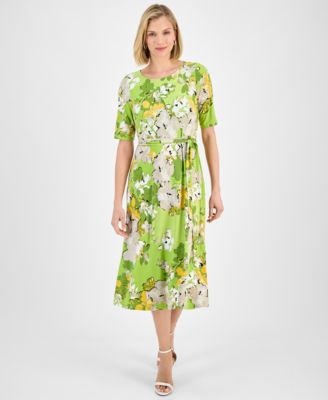 Kasper - Women's Floral-Print Belted Fit & Flare Dress, Regular & Petite