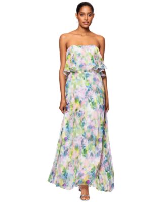 Betsy & Adam - Women's Printed Pleated Strapless Gown