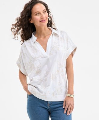 Style & Co - Women's Split-Neck Collared Embroidered Top
