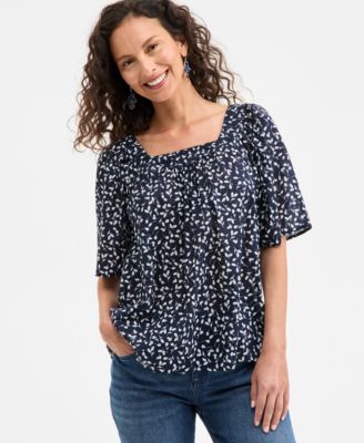 Style & Co - Petite Budding Fauns Trapunto Cotton Square-Neck Top