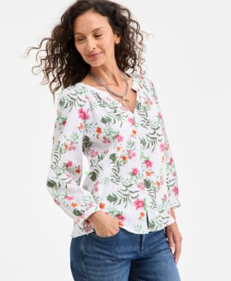 Style & Co - Floral-Print Gauze Popover Long-Sleeve Top