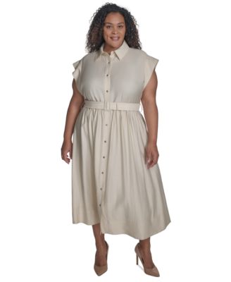 DKNY - Plus Size Cap-Sleeve Belted Midi Shirtdress