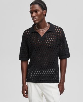 Mode of One - Men's Johnny-Collar Open-Stitch Short-Sleeve Sweater