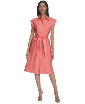 Halston - Women's Satin Belted Cap-Sleeve Shirtdress