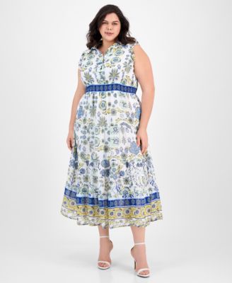 Anne Klein - Plus Size Printed Smocked-Waist Patio Shirtdress
