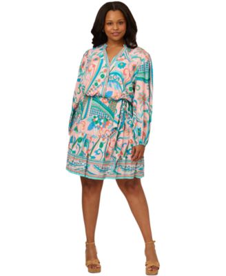 Adrianna Papell - Plus Size Printed Long-Sleeve Belted Dress