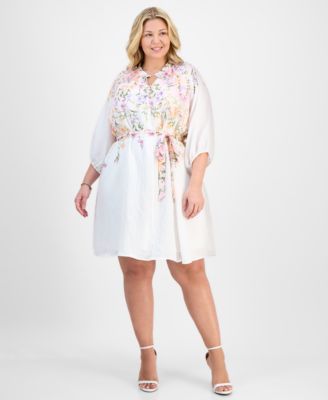 Sandra Darren - Plus Size Placed-Floral Tie-Waist Shift Dress