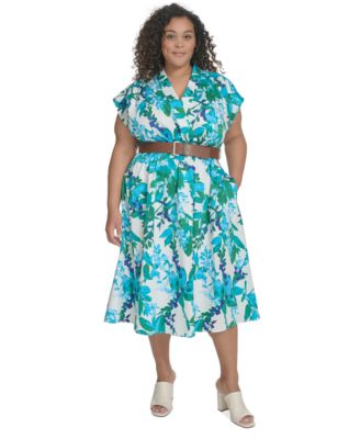 Calvin Klein - Plus Size Floral-Print Belted Midi Dress