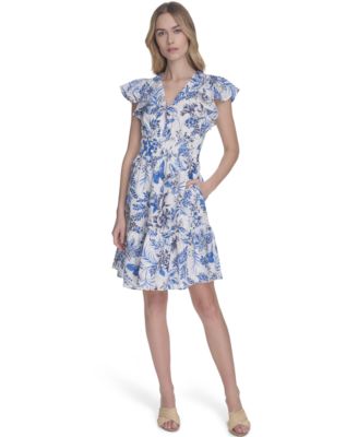 Eliza J - Petite Floral Flutter-Sleeve Smocked-Waist Dress