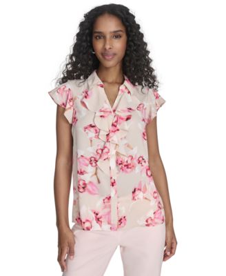 Calvin Klein - Petite Printed Ruffle-Front Blouse