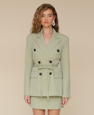 Avec Les Filles - Women's Double-Breasted Belted Gingham Blazer