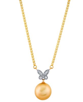 Macy's - Baroque Cultured Golden South Sea Pearl (11mm) & Diamond Accent Butterfly 16" Pendant Necklace in 14k Yellow Gold