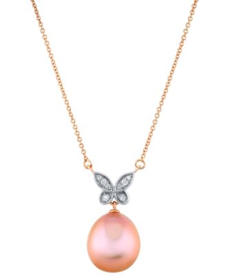 Macy's - Pink Baroque Cultured Freshwater Pearl (11mm) & Diamond Accent Butterfly 18" Pendant Necklace In 14k Rose Gold