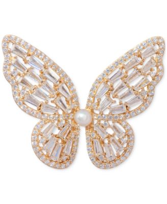 Macy's - Cultured Freshwater Pearl (3mm) & Cubic Zirconia Butterfly Brooch in 18k Gold-Plated Sterling Silver