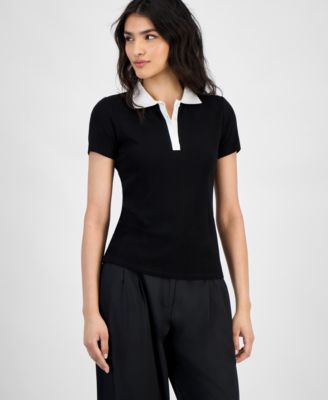 Bar III - Women's Short-Sleeve Rib-Knit Polo Shirt
