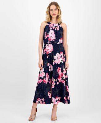 Robbie Bee - Petite Floral-Print Pleat-Neck Jersey Dress