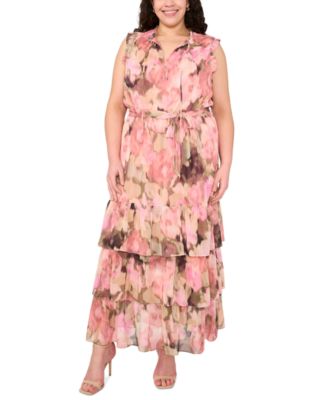 MSK - Plus Size Printed Tie-Waist Tiered Maxi Dress