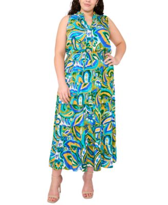 MSK - Plus Size Printed Split-Neck Smocked-Waist Tiered Dress