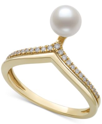 Belle de Mer - Cultured Freshwater Pearl (6mm) & Diamond (1/10 ct. t.w.) Chevron Ring in 10k Gold