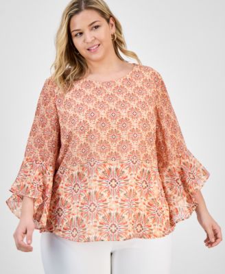 Kasper - Plus Size Printed Flared-Sleeve Blouse