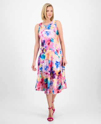 Robbie Bee - Women's Floral-Print Cowlneck Fit & Flare Midi Dress