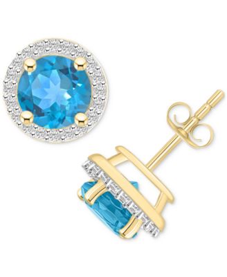 Macy's - Blue Topaz (2-1/3 ct. t.w.) & Lab-Created White Sapphire (1/5 ct. t.w.) Halo Stud Earrings in 10k Gold