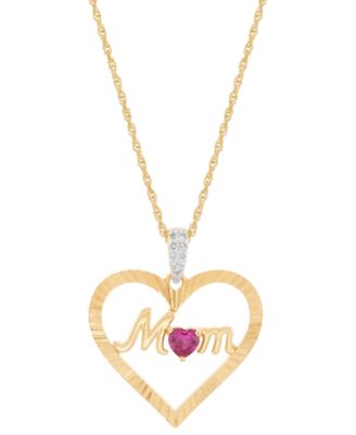 Macy's - Lab-Created Ruby (1/4 ct. t.w.) & Diamond Accent Mom Heart Pendant Necklace in 14k Yellow Gold-Plated Sterling Silver, 16" + 2" extender