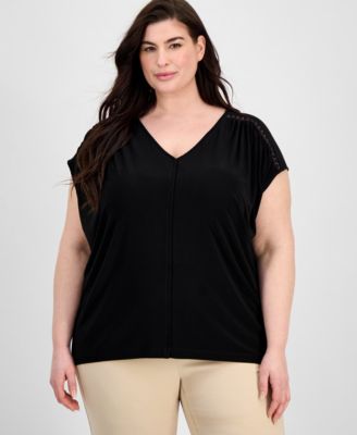 Anne Klein - Plus Size Lace-Trim V-Neck Cap-Sleeve Top