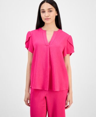 AK Anne Klein - Petite Textured V-Neck Tulip Sleeve Top