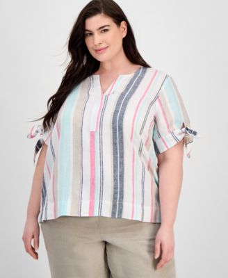 Macy's - Plus Size Linen Magnolia Striped Tie-Sleeve Blouse