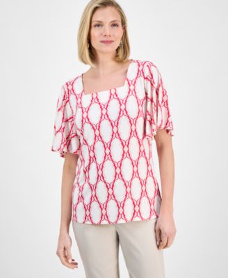 JM Collection - Petite Medallion-Print Flutter-Sleeve Top, Exclusively at Macy's