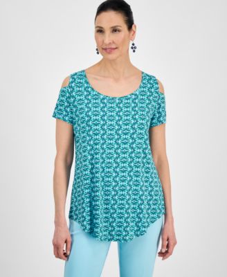 JM Collection - Women's Kayla Geo-Print Cold-Shoulder Top