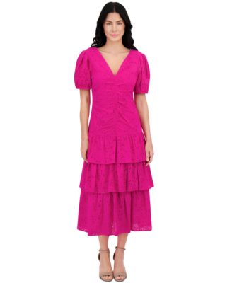 kensie - Women's Emboridered Layered Puff-Sleeve Maxi Dress