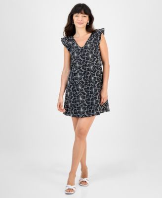 Robbie Bee - Petite Embroidered Flutter-Sleeve Cotton Dress