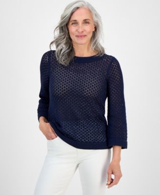 Style & Co - Petite Open-Stitch 3/4-Sleeve Cotton Sweater, Exclusively at Macy's