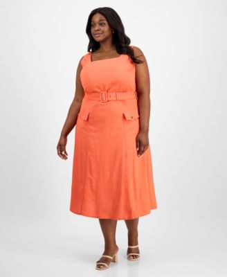 Tahari ASL - Plus Size Square-Neck Belted Midi Dress