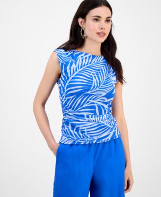 I.N.C. International Concepts - Petite Printed Side-Ruched Mesh Tank Top