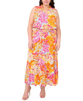 MSK - Plus Size Split-Neck Sleeveless Tiered Challis Maxi Dress