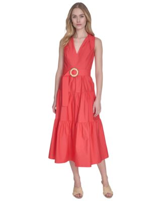 Vince Camuto - Petite Cotton Belted Sleeveless Tiered Midi Dress