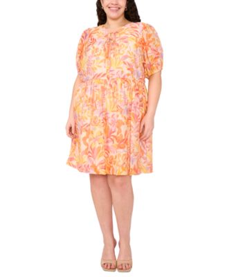 MSK - Plus Size Printed Tie-Neck Short-Sleeve Dress