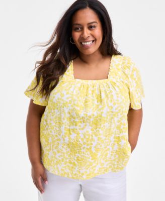 Style & Co - Plus Size Smocked Square-Neck Cotton Short-Sleeve Top