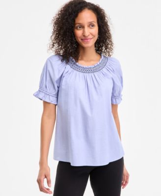Style & Co - Women's Cotton Contrast-Stitch Puff-Sleeve Top