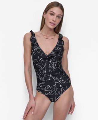 DKNY - Women's Ruffle Neck One-Piece Swimsuit