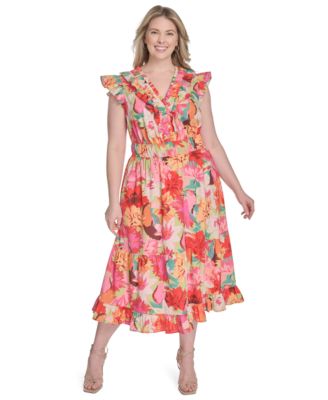 Vince Camuto - Plus Size Printed Ruffle Flutter-Sleeve Tiered Midi Dress