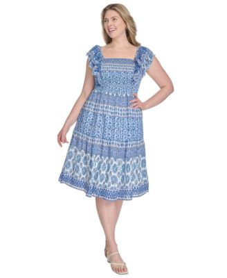 Eliza J - Plus Size Printed Square-Neck Cap-Sleeve Dress
